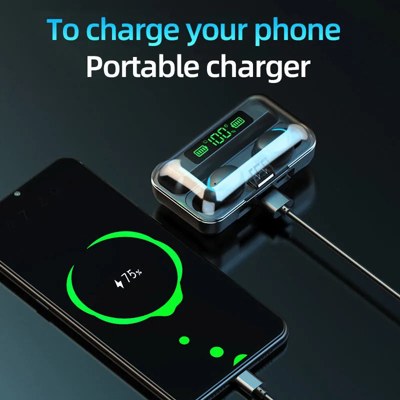 Black in-ear wireless Bluetooth earbuds in a charging case with LED battery display