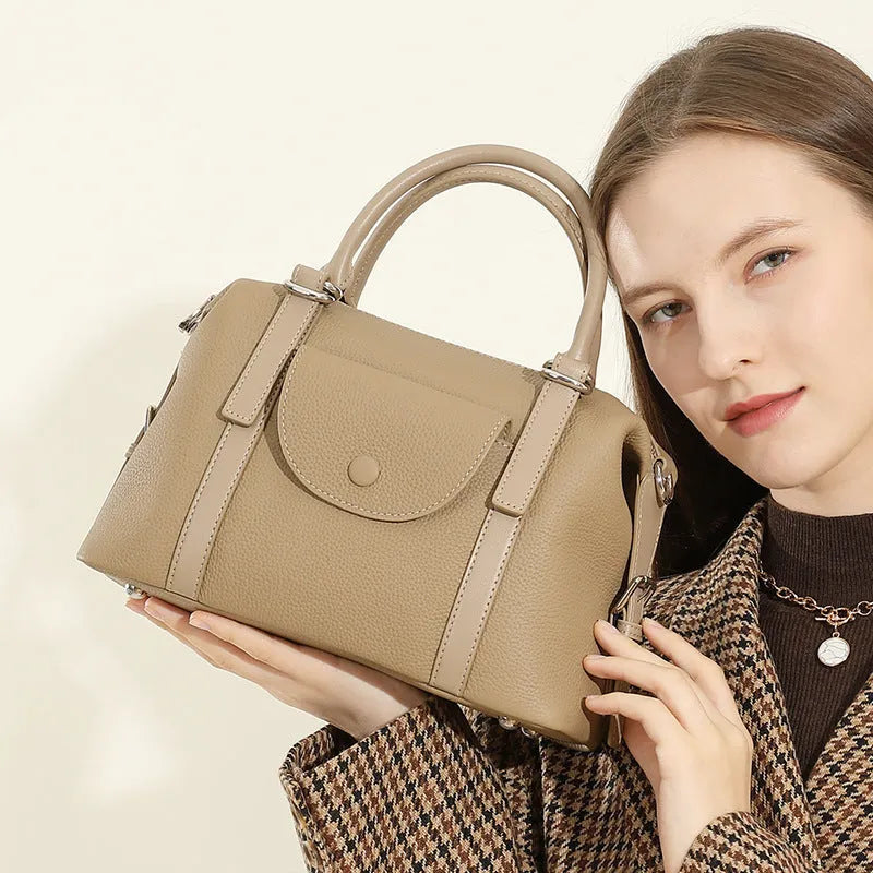 Genuine leather ladies handbag with contrast stitching in black, brown, or elephant grey