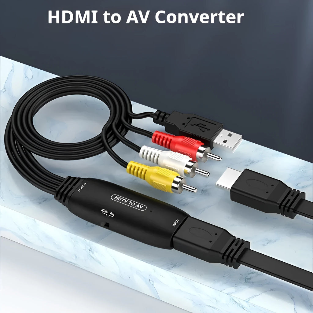 HDMI to AV converter adapter cable with 110cm length and RCA connections for video transfer