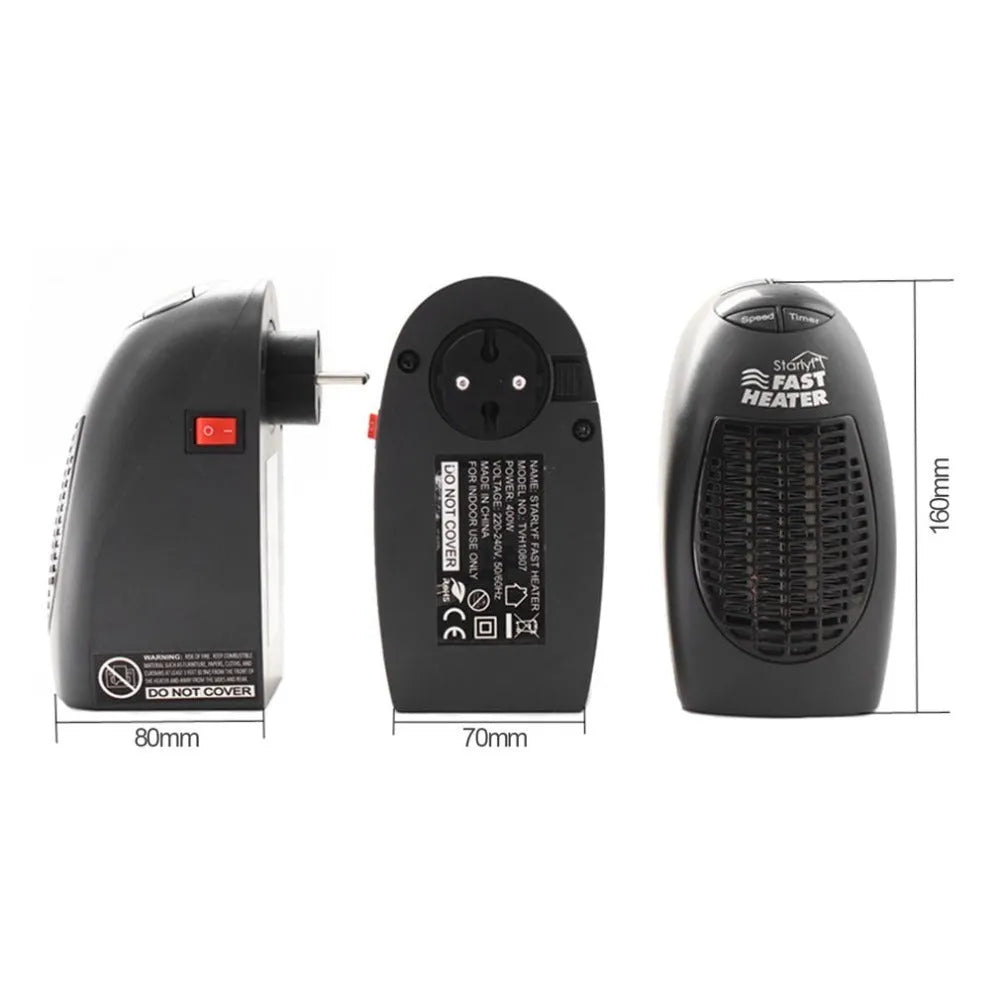 Black compact ceramic electric heater with digital display and rotating plug on a desk.