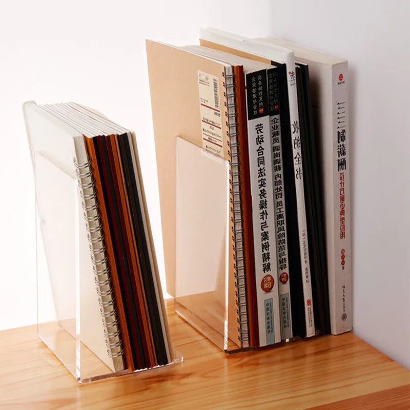 Clear transparent acrylic bookshelf holding a pair of books on a desk.