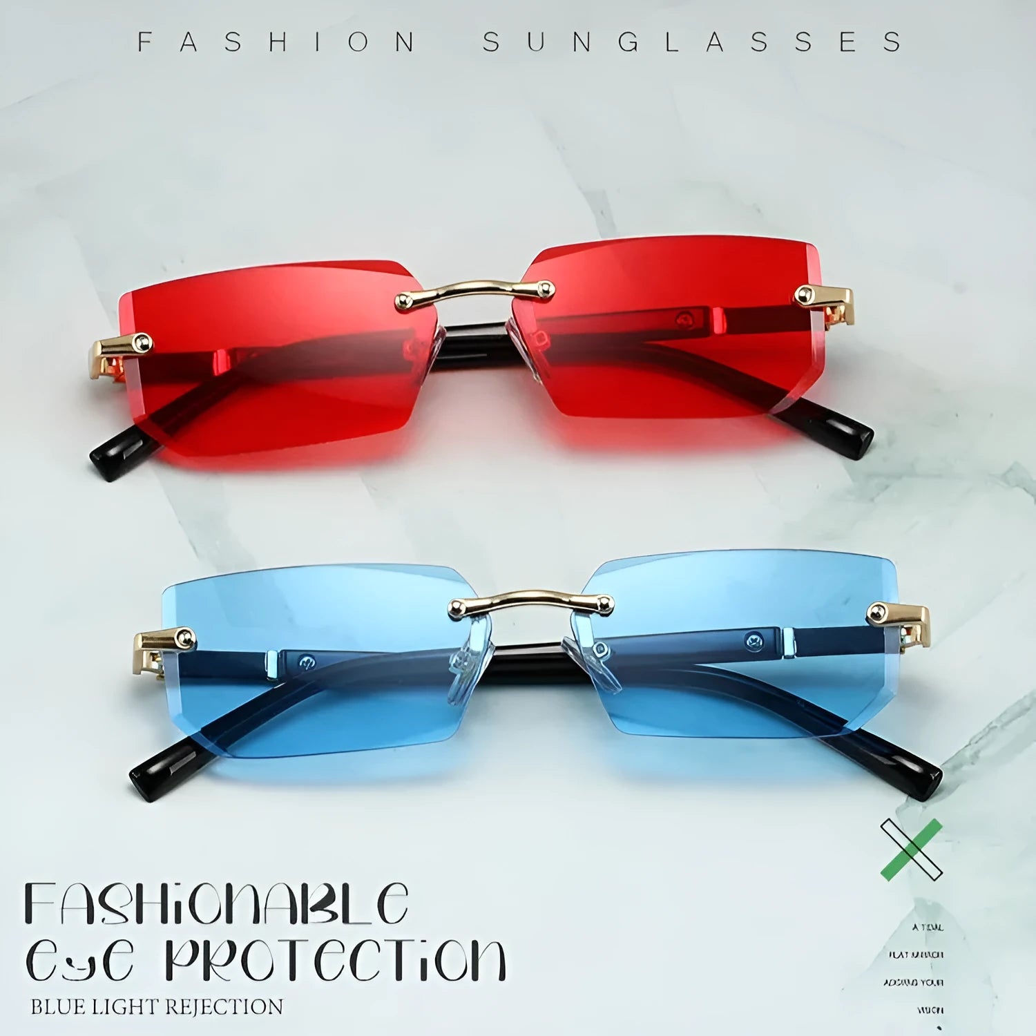 Women's rimless sun glasses with gold frame and brown lens, asymmetric design