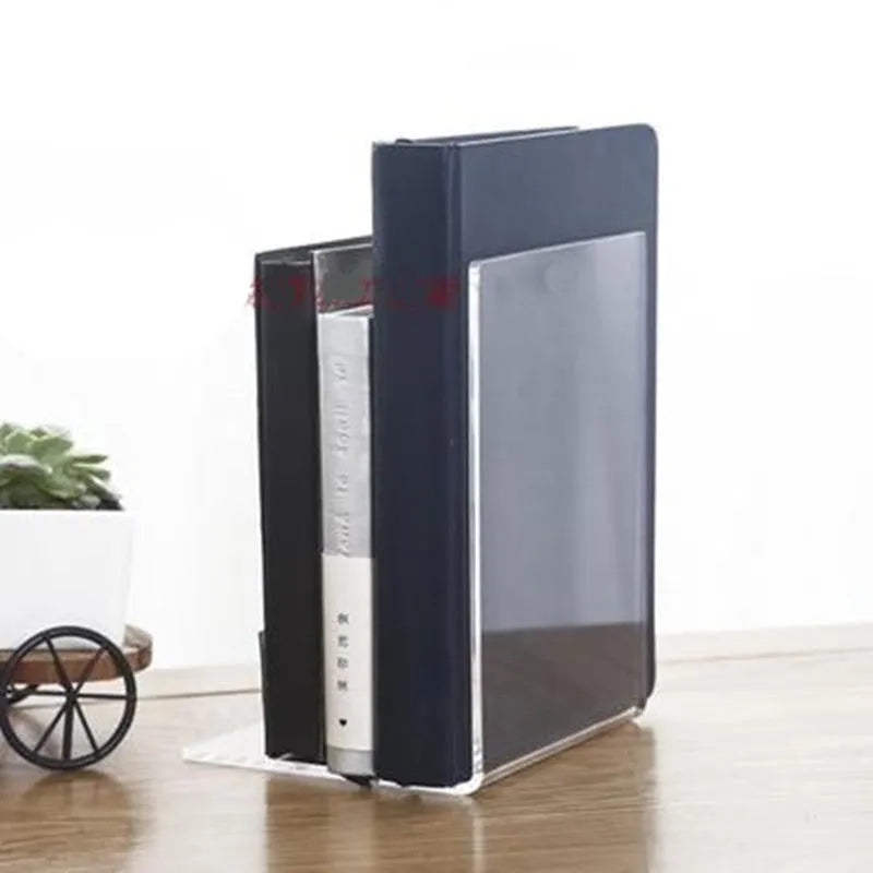 Clear transparent acrylic bookshelf holding a pair of books on a desk.