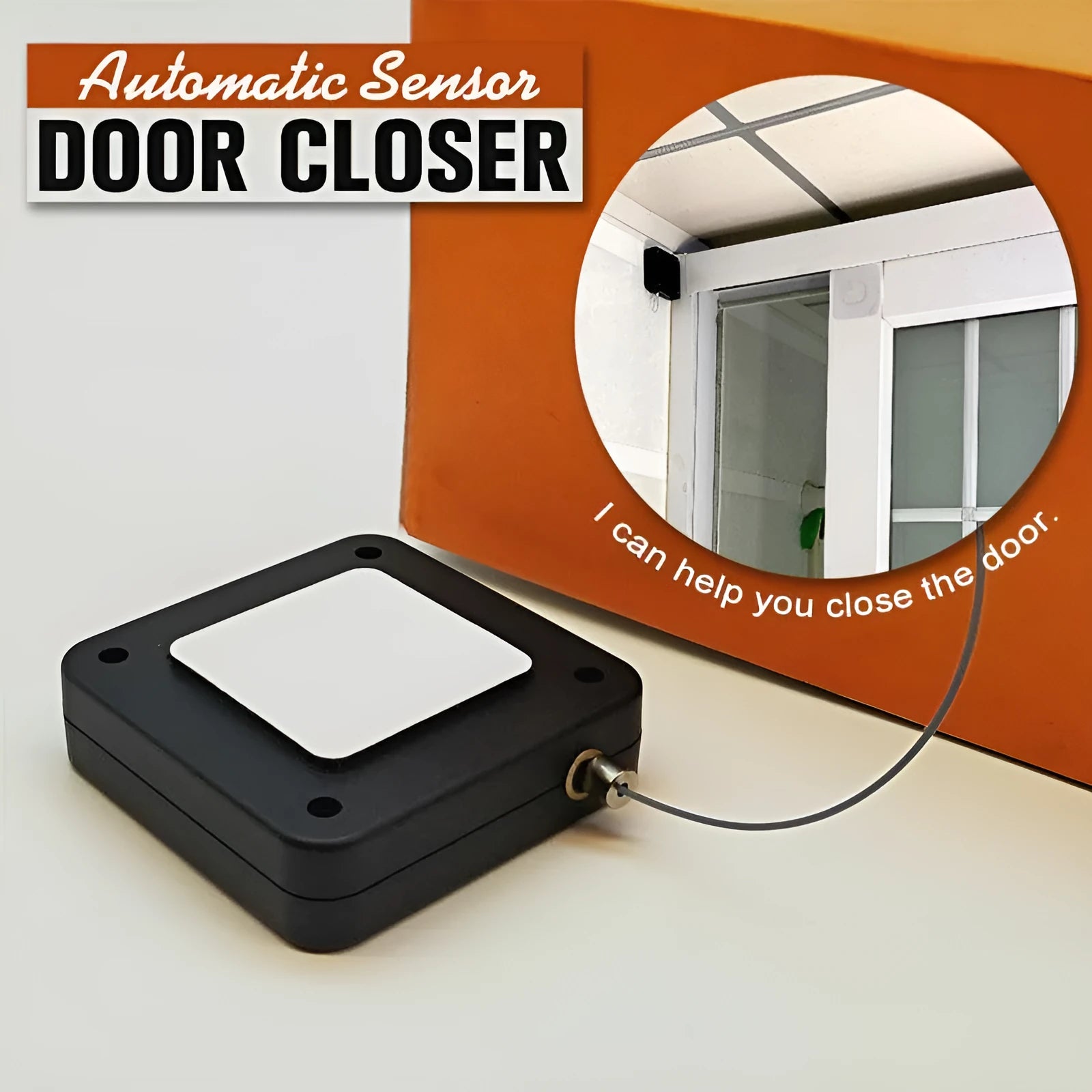 White automatic door closer with adhesive mount and tension adjuster for no-drill installation on doors.