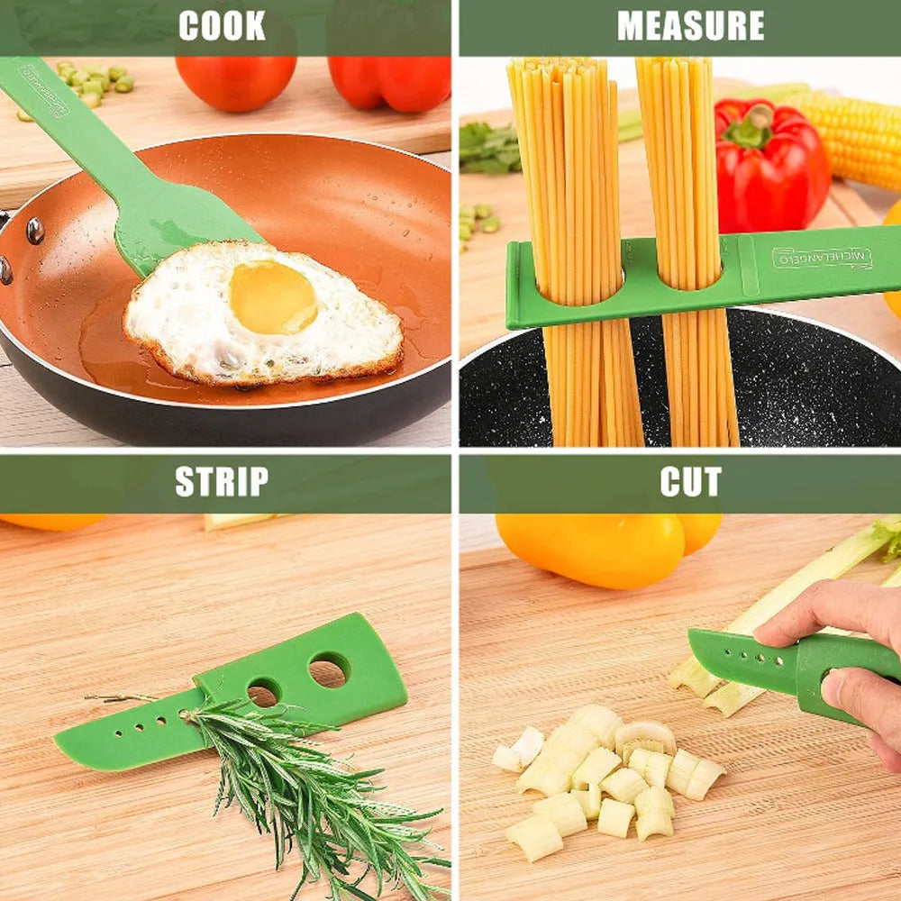 Plastic kitchen utensil set showing multifunction shovel and spaghetti serving spoon