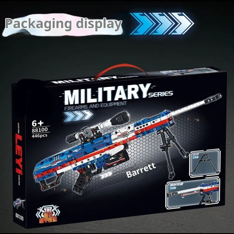 Patriotic Barrett sniper rifle building block toy set with red and gold small particle plastic bricks and rubber parts