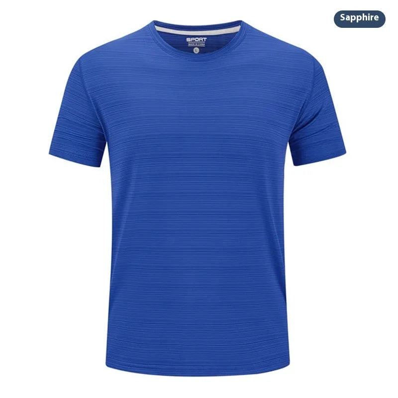 Crystal silk round neck quick-drying T-shirt in a solid colour on a hanger.