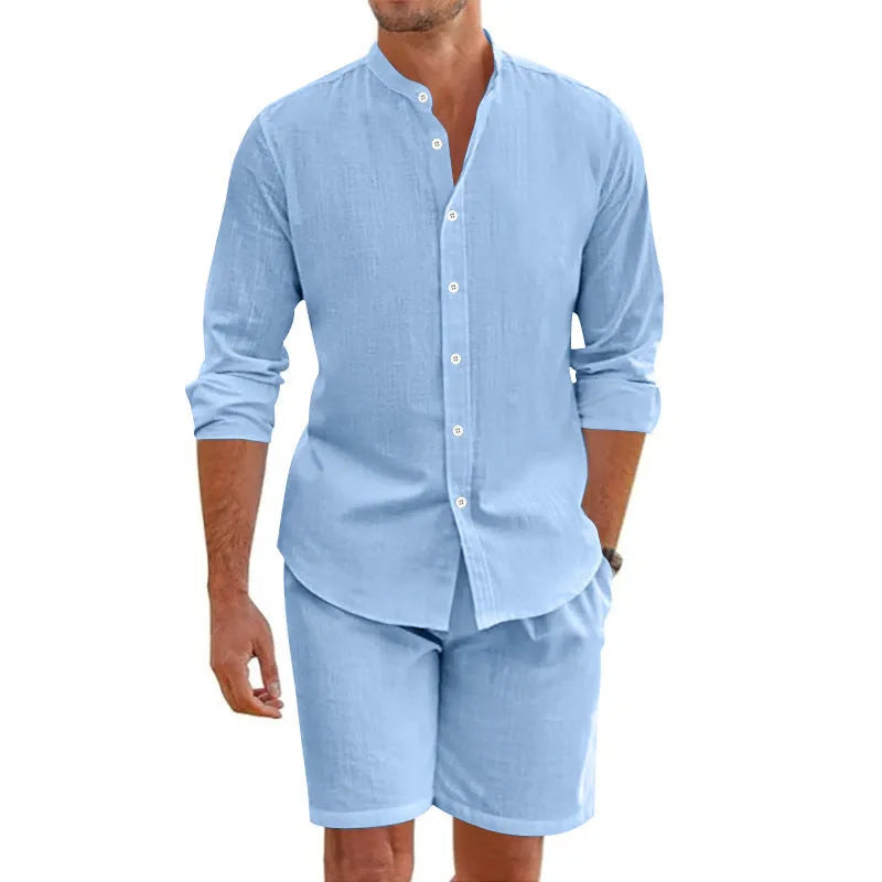 Men's dark grey linen blend short sleeve shirt and matching drawstring shorts set on a hanger.