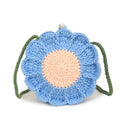 Hand-woven crochet shoulder bag with wool flowers and round suitcase shape