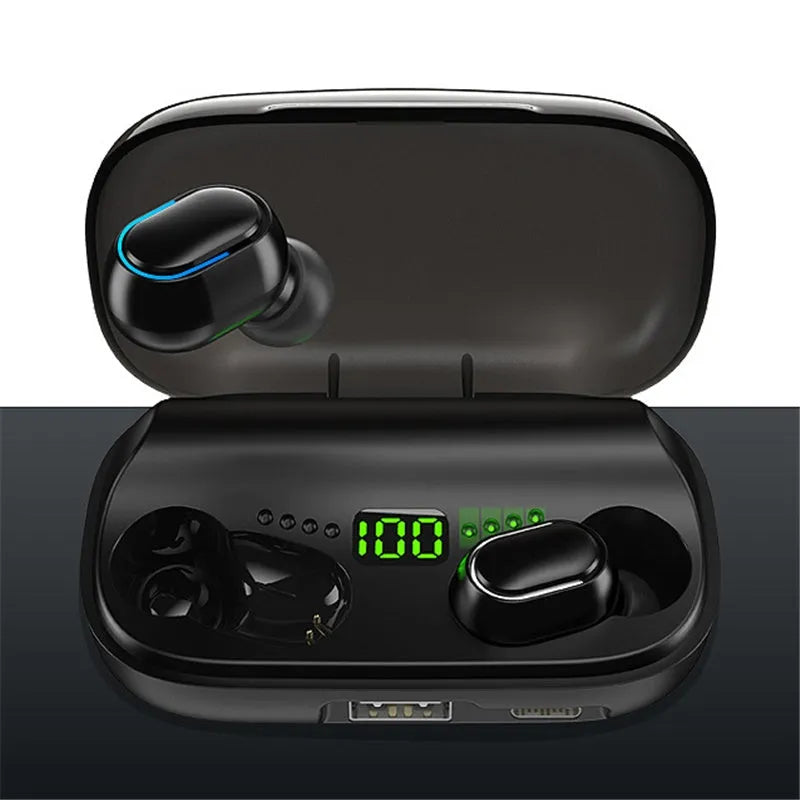 Black TWS XT01 digital display Bluetooth earphones with charging case showing battery level.