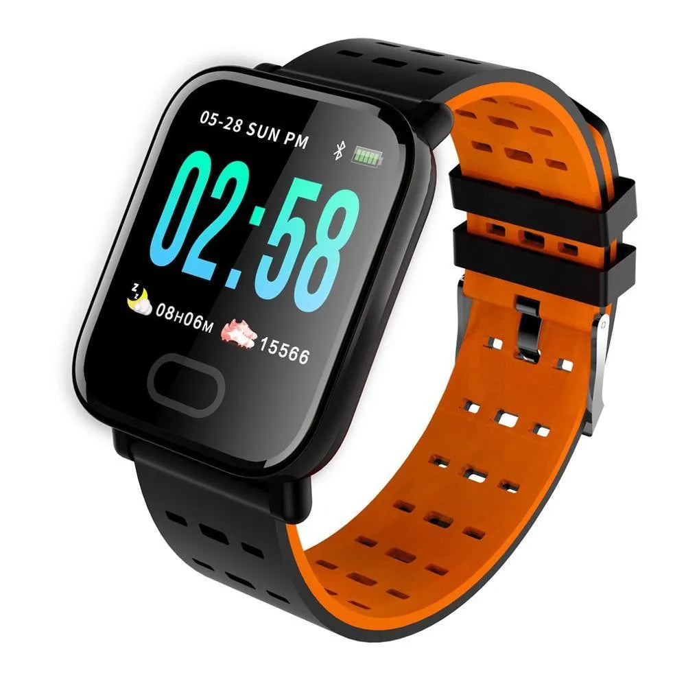 A6 smart bracelet with colour screen and silicone strap in blue, showing the zinc alloy case.