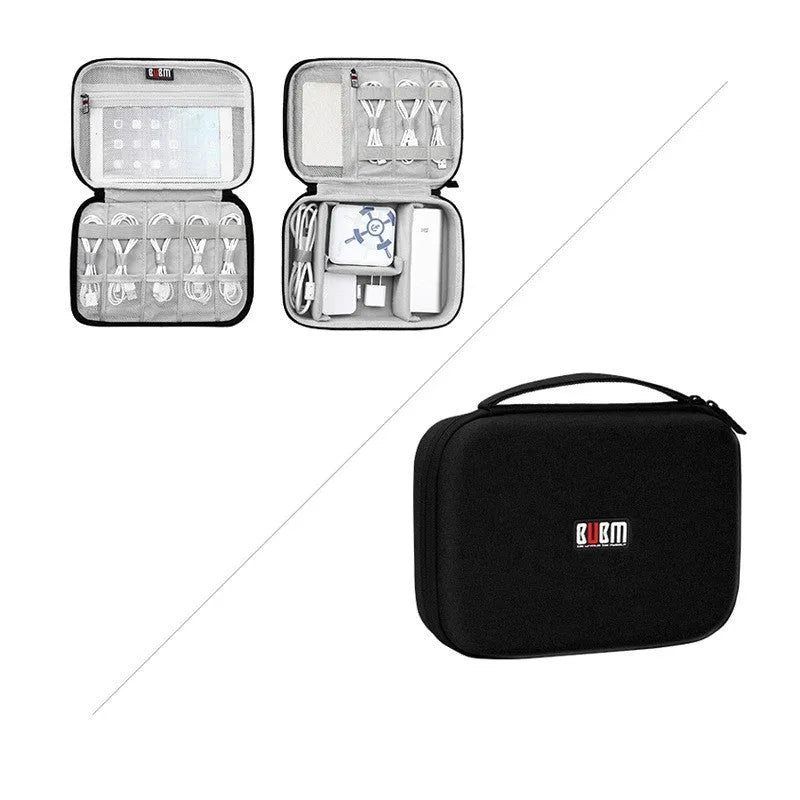 Black EVA digital storage bag with a handbag shape for organising headphones and cables.