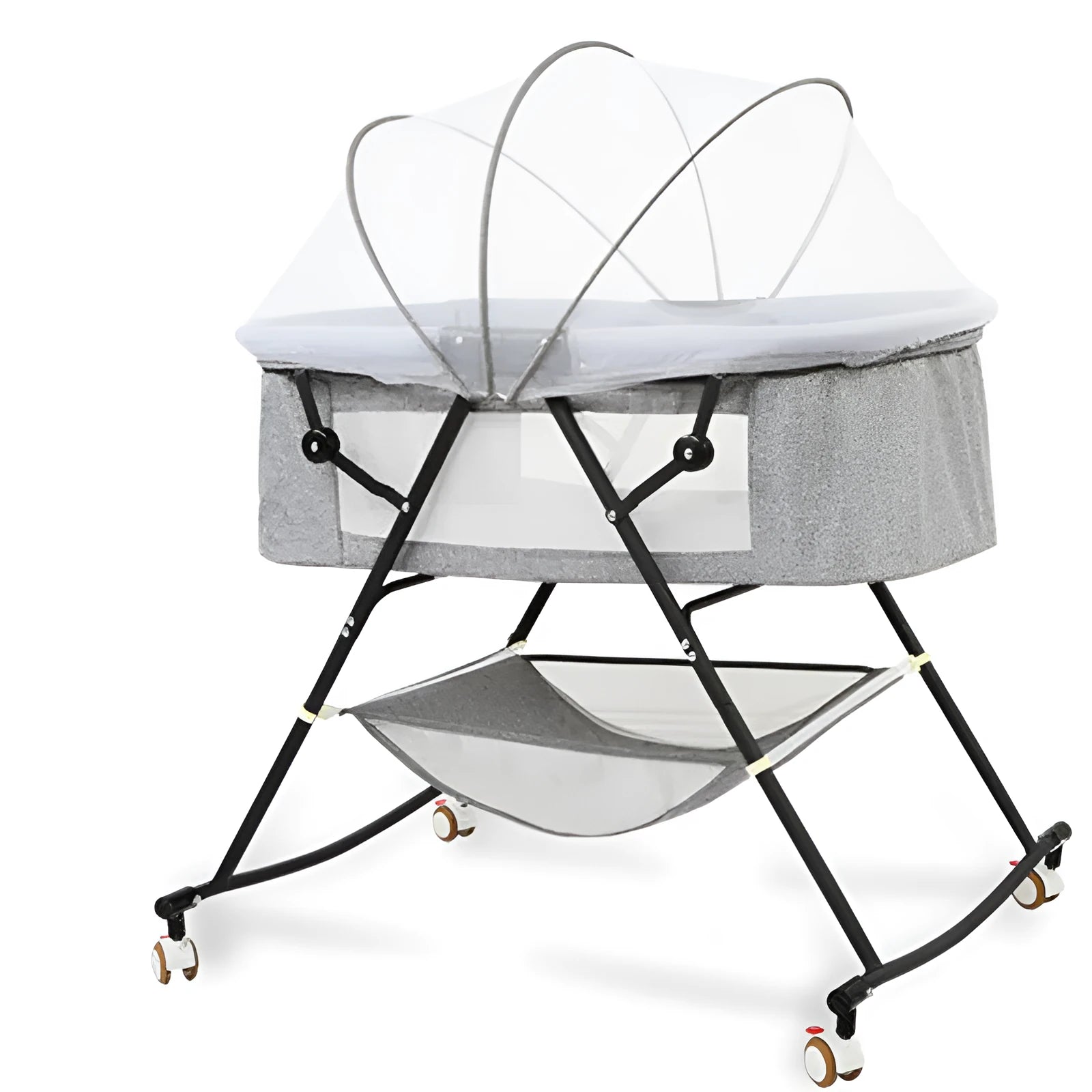 Foldable European style newborn crib with iron frame, shaker, roller, and mosquito net in a nursery setting