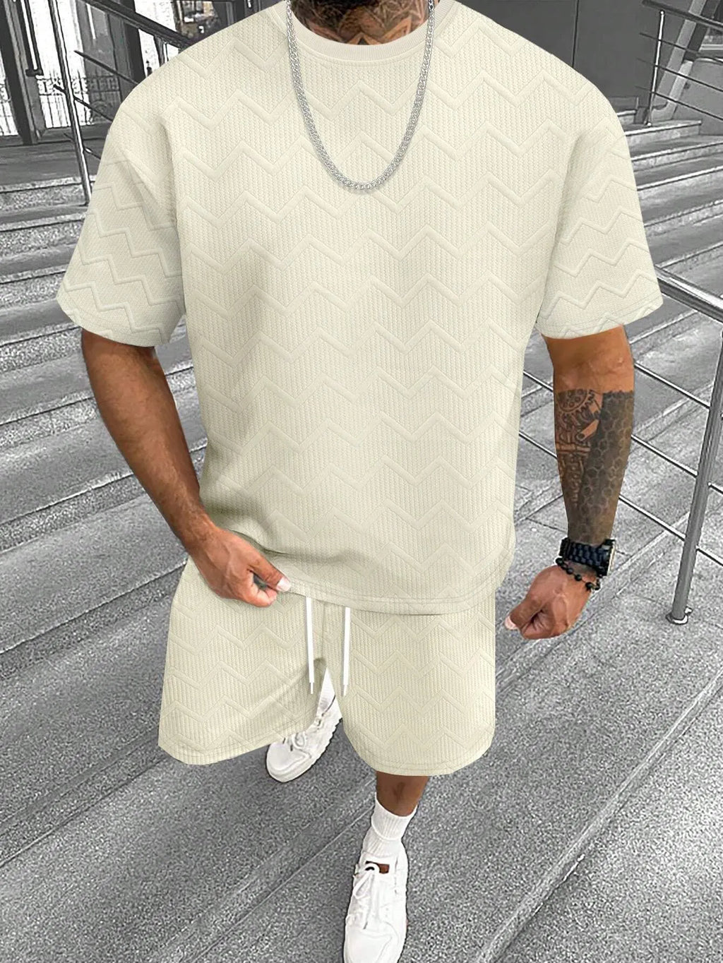 Men's short sleeve shorts suit with 3D printed pattern in polyester blend fabric