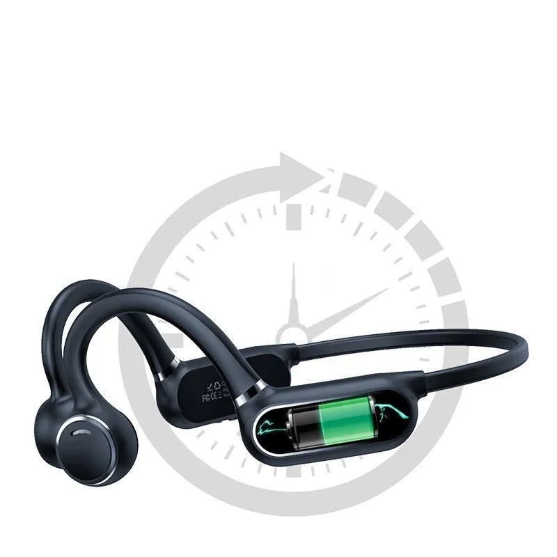 Black air conduction Bluetooth wireless earphone with a bendable titanium neckband and touch controls.