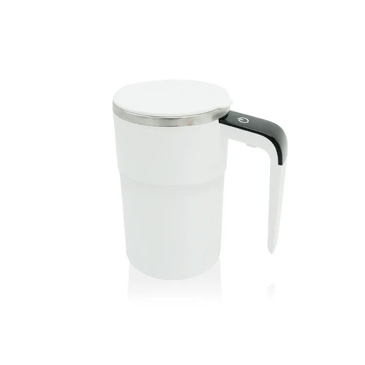 Black and white USB rechargeable electric coffee mug with LCD display and magnetic stirrer