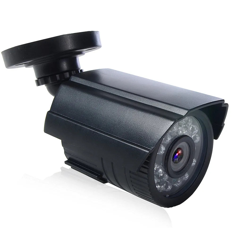 Black HD waterproof CCTV camera with infrared LEDs for night vision.