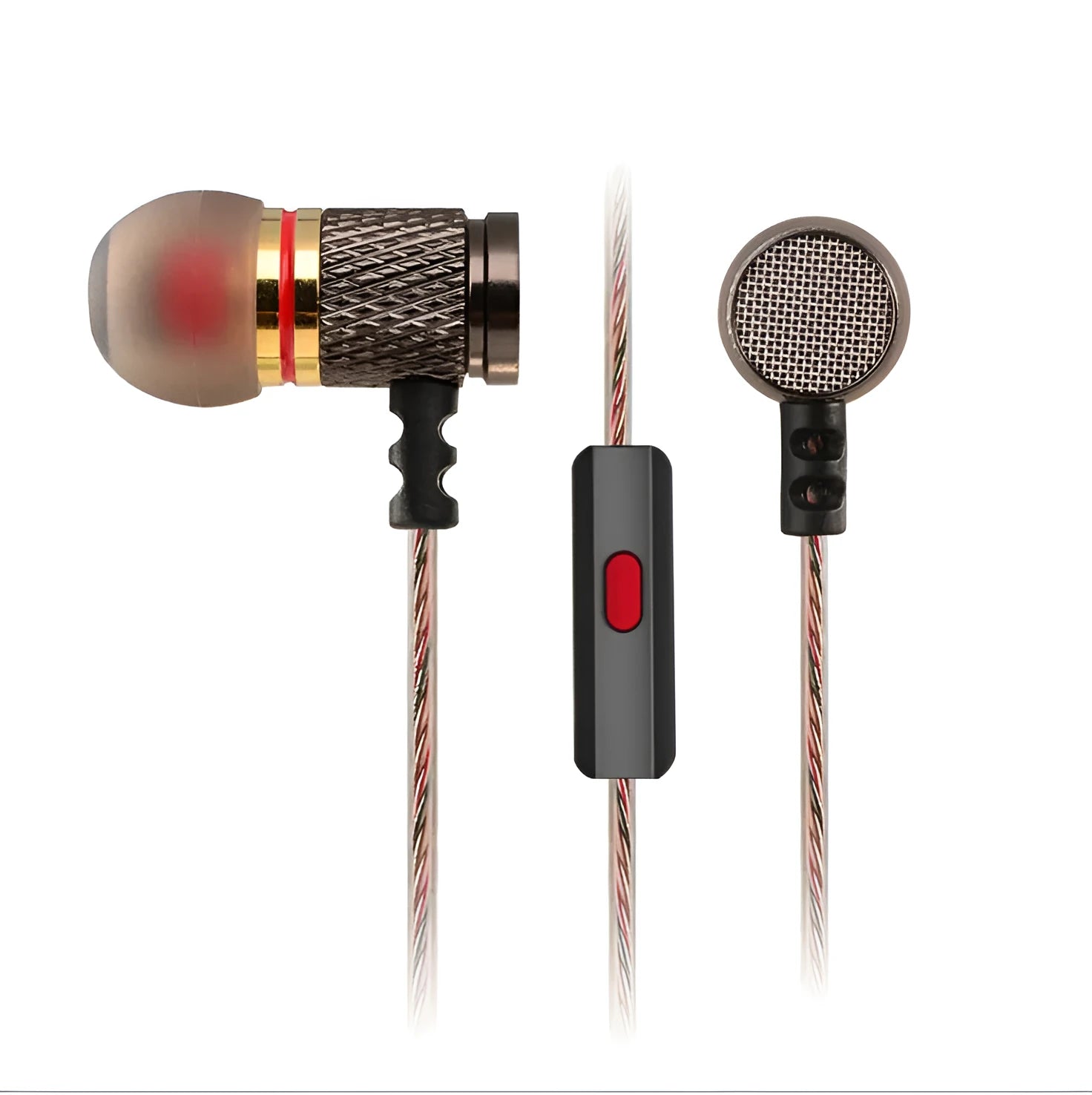 Black wired in-ear headphones with a 3.5mm L-bend plug shown alongside the version with an inline microphone.
