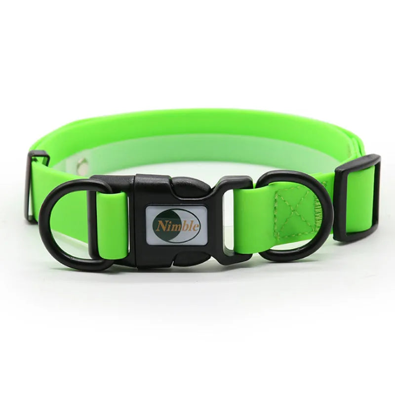 PVC waterproof dirt-resistant adjustable dog collar in blue with buckle, on white background