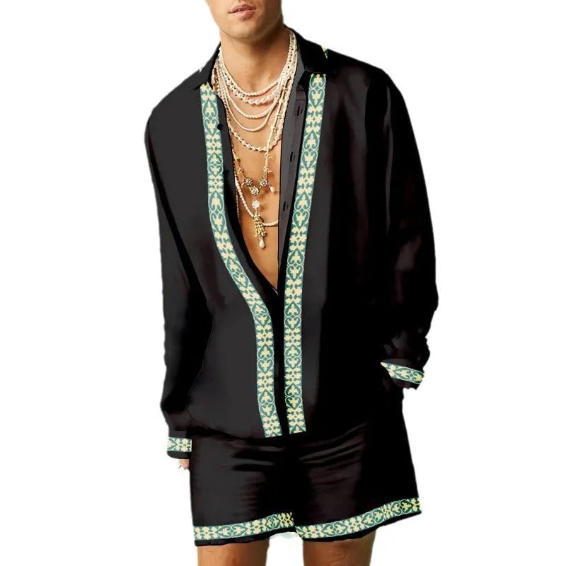 Casual slim-fit polyester shirt and matching shorts set on a model, showing the coordinated summer outfit.