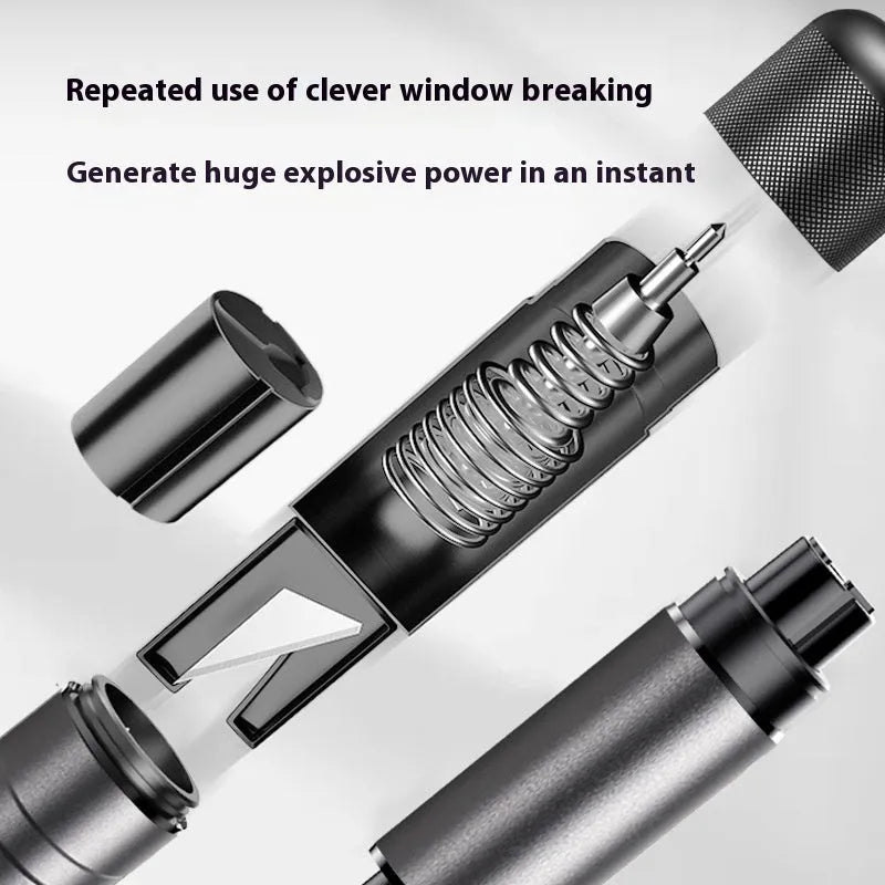 Gun grey automobile safety hammer with bearing steel impact head and seatbelt cutter measuring 87mm