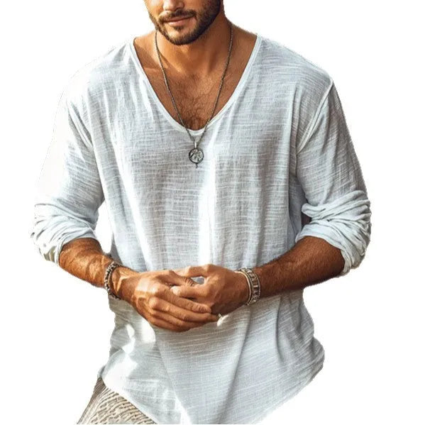 Beige V-neck long-sleeved slim fit T-shirt made from hemp blend fabric