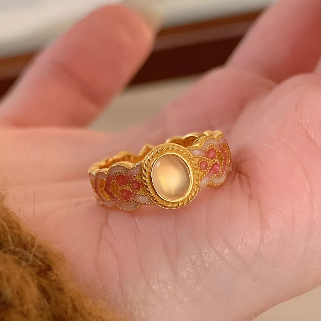 Pink crystal enamel geometric open ring on gold plated copper band for women