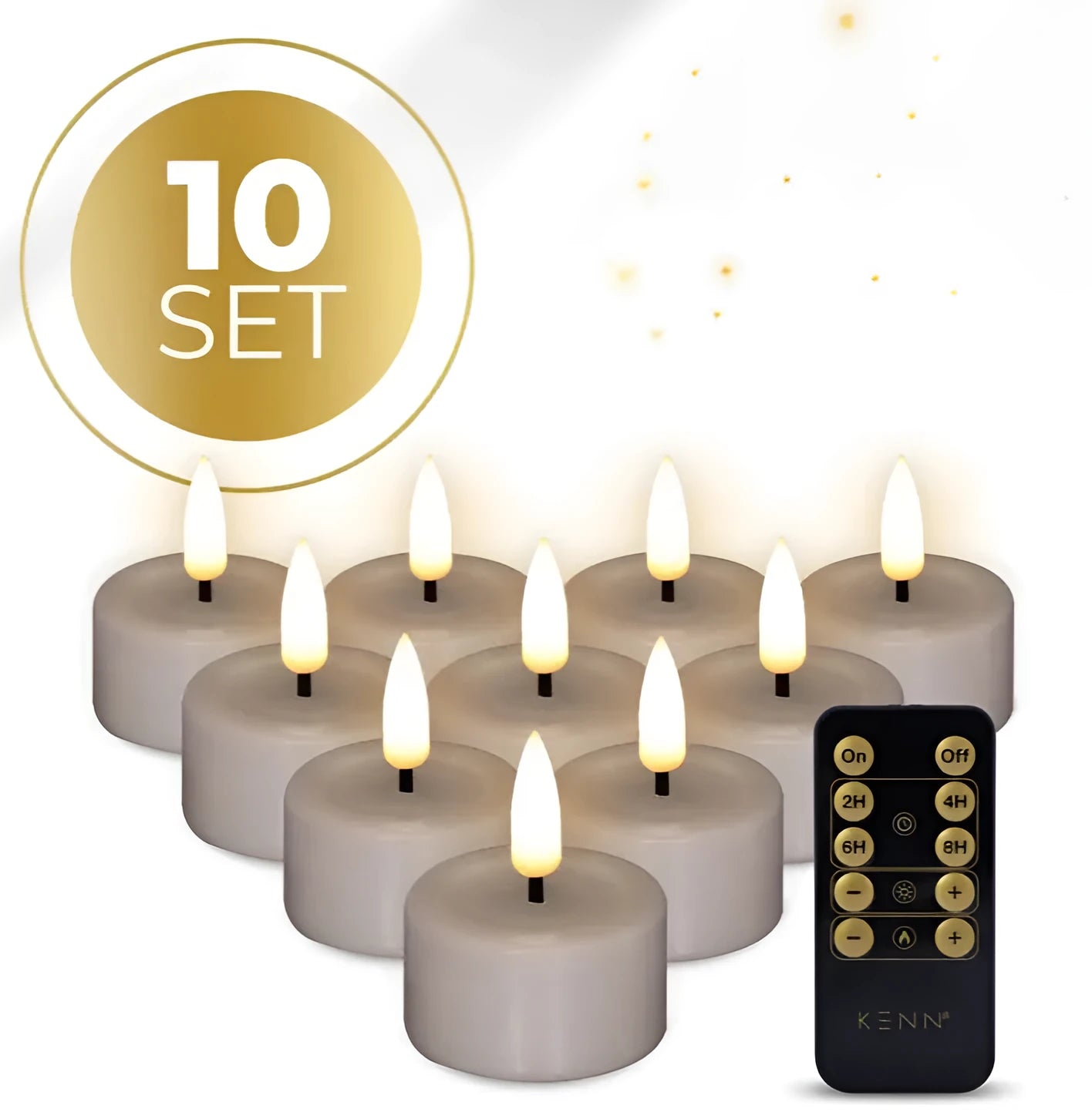 Set of four taupe-coloured LED tealight candles with realistic 3D flame effect showing flickering light
