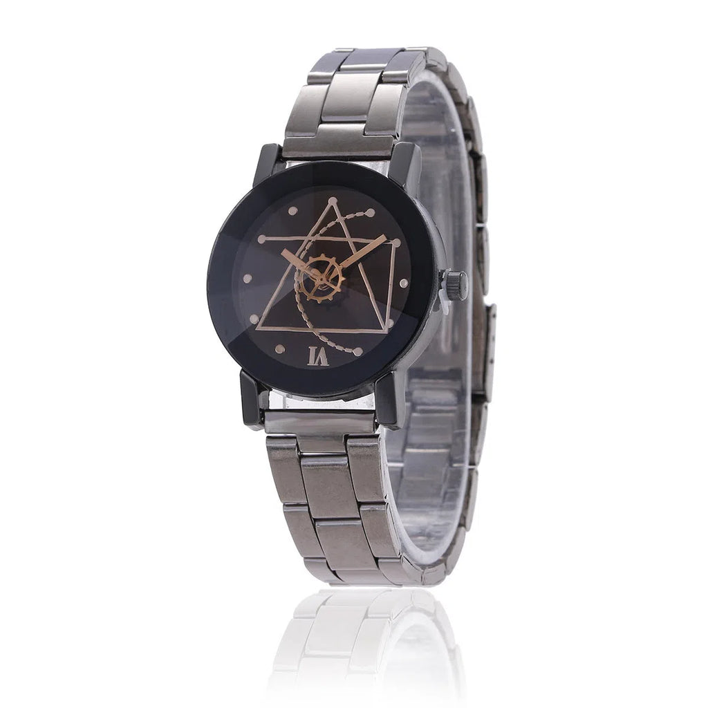 Quartz watch with compass dial, gear pointer, stainless steel band, black dial
