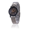 Quartz watch with compass dial, gear pointer, stainless steel band, black dial