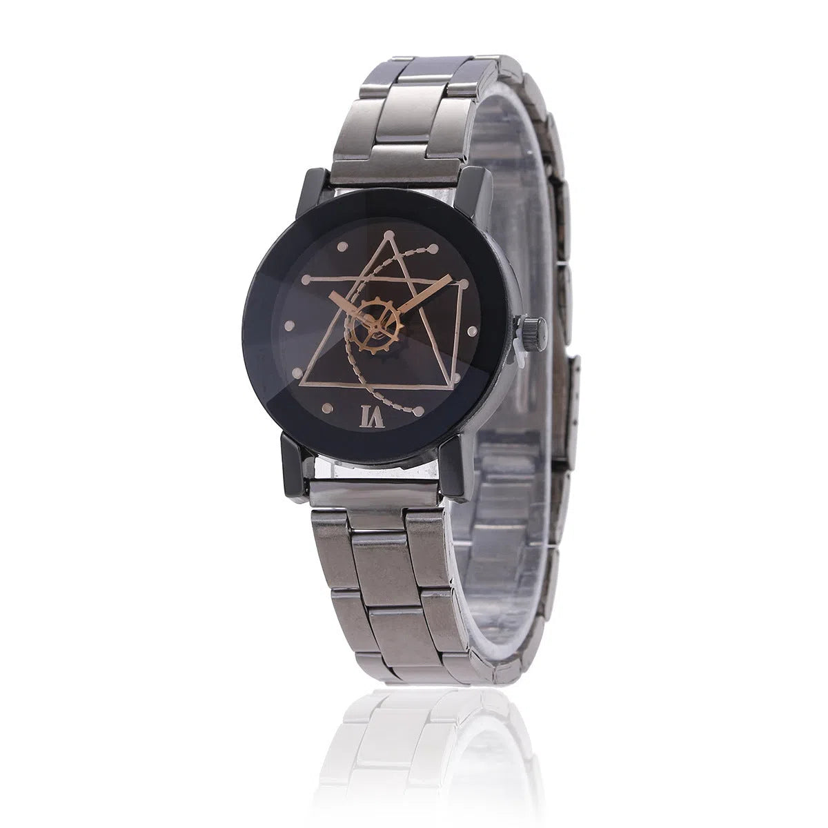 Quartz watch with compass dial, gear pointer, stainless steel band, black dial