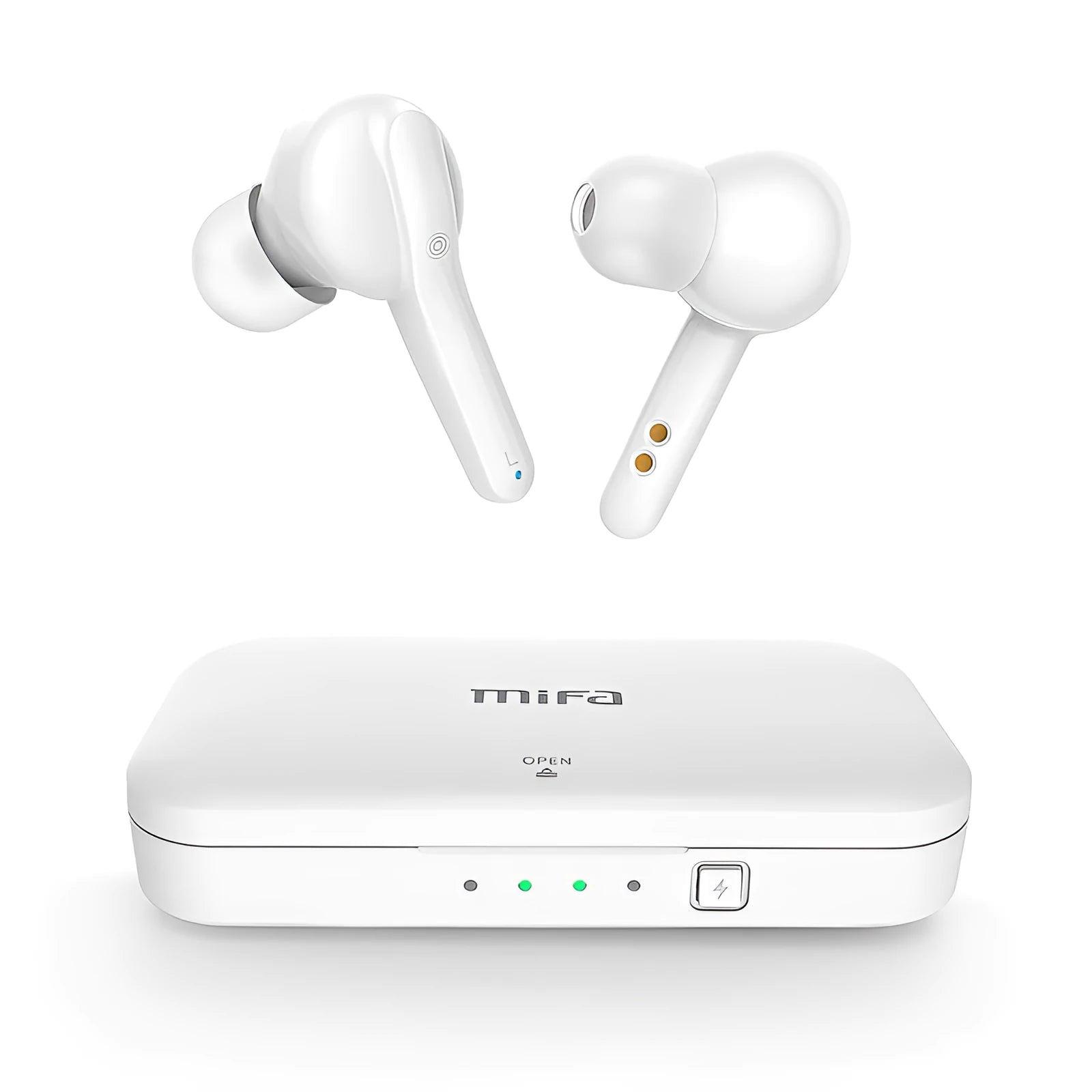Black and white true wireless stereo earbuds with a compact charging case on a table.
