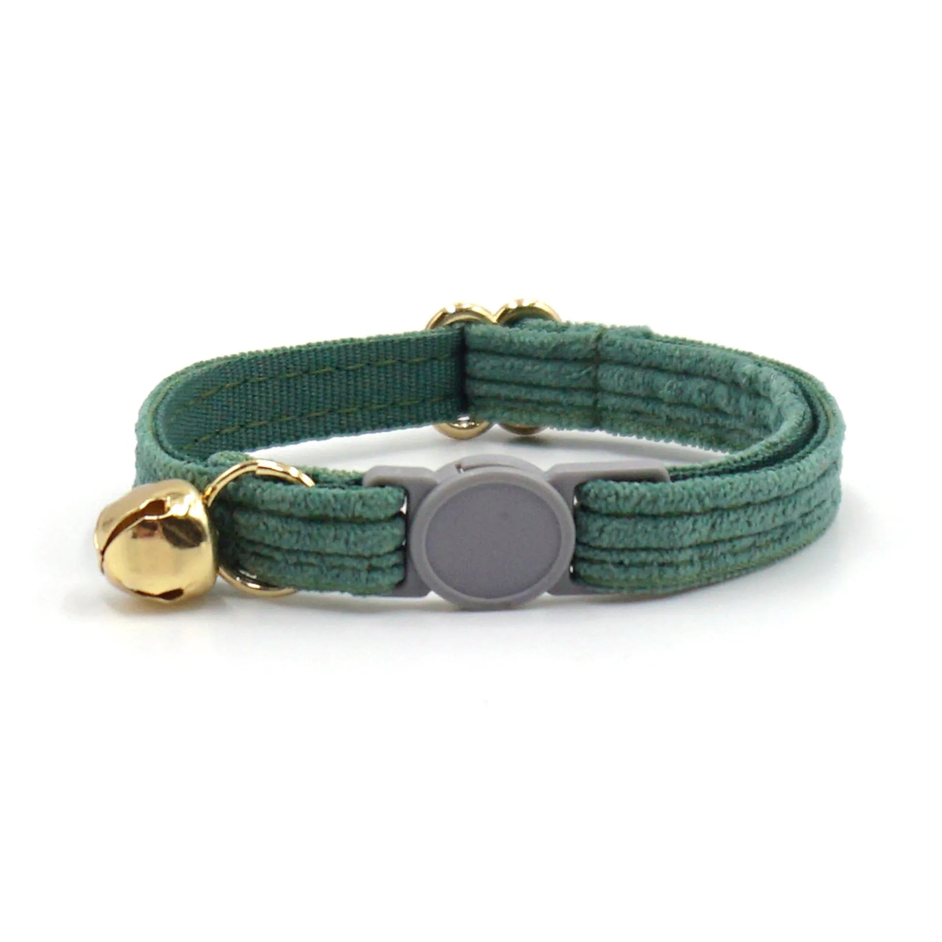 Cat collar with safety buckle and bell, available in corduroy or velvet, in multiple colours for small cats.