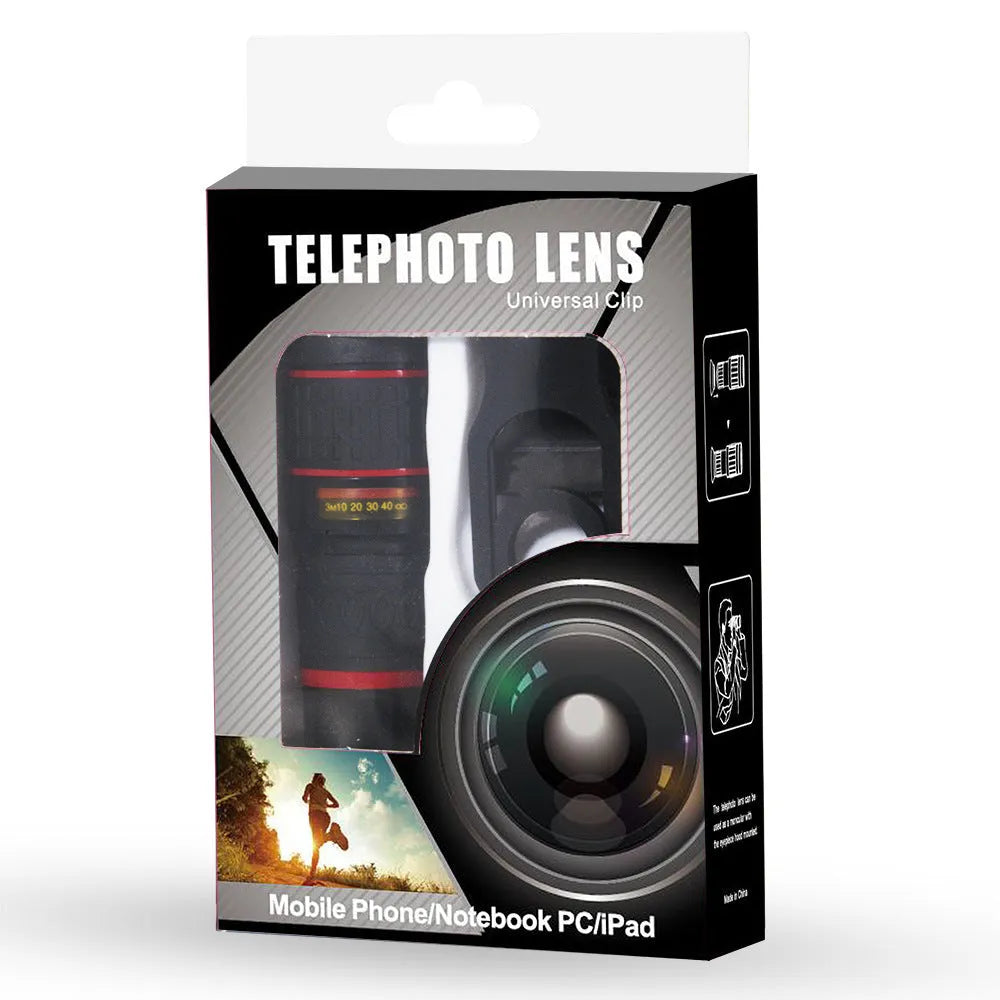 20x magnification mobile phone telescope lens with universal mounting clip and single eye mask.