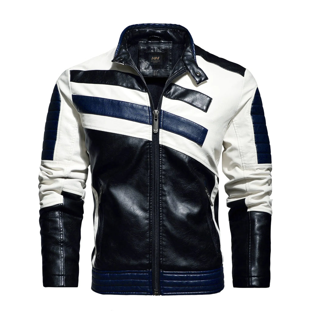 Men's stand collar bomber jacket with patchwork pattern, full zip, and pockets, available in Black, Blue, Red