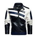Men's stand collar bomber jacket with patchwork pattern, full zip, and pockets, available in Black, Blue, Red