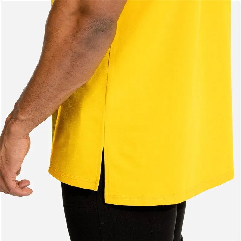 Cotton sports fitness running training top in yellow, black or white, sizes M to XXXL