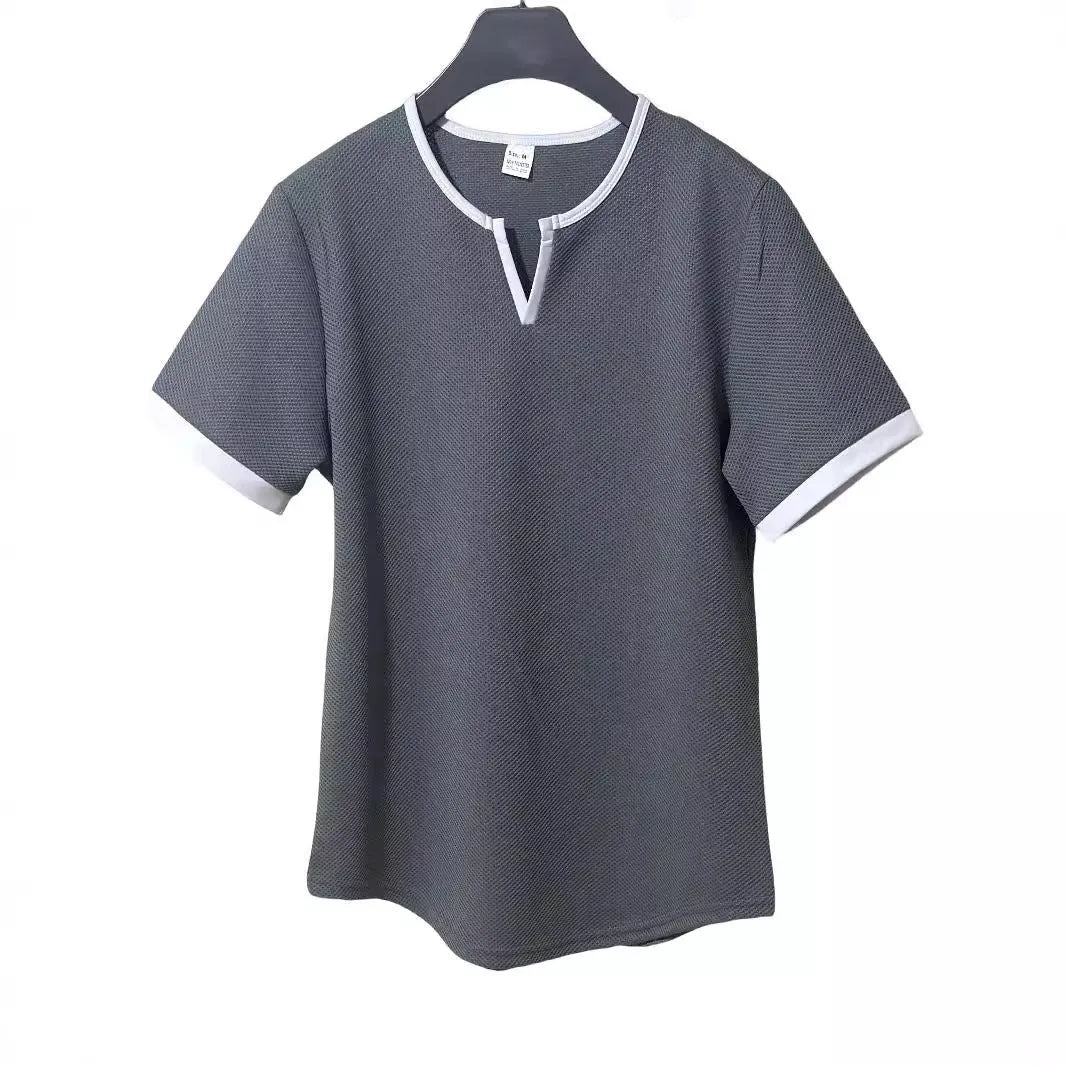 Men's colour-block V-neck sports t-shirt in waffle-textured polyester fabric