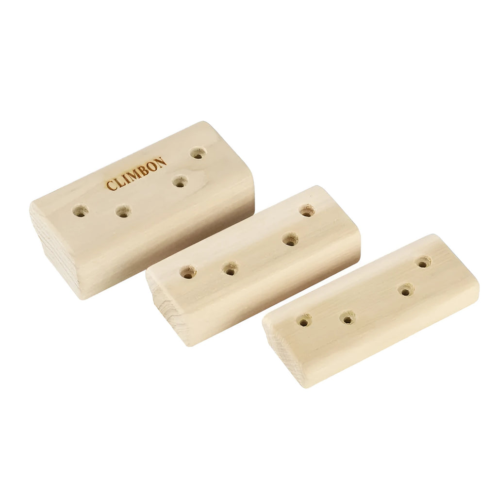 Set of three solid wood fingerboards for grip strength training in different lengths.