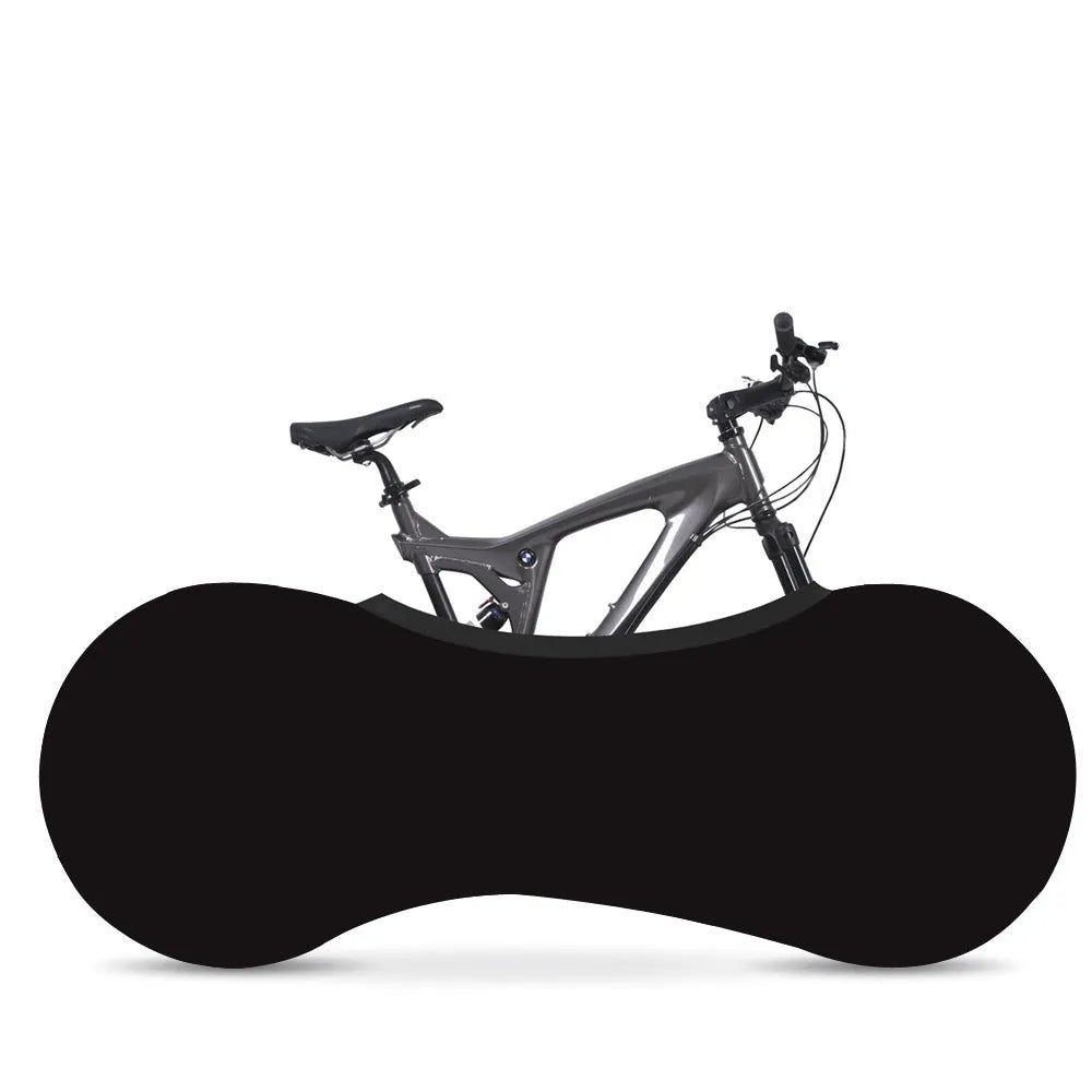 Elastic milk silk bicycle tyre cover with digital sublimation printing in black colour, shown on a bike tyre for protective storage.