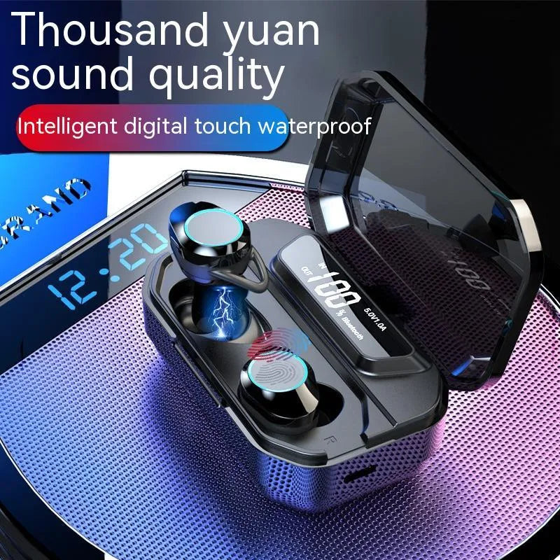 Black wireless Bluetooth earbuds with charging box, 120-hour battery, and power display