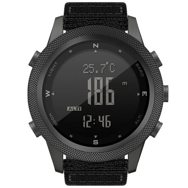 Black nylon digital sports watch with waterproof altimeter barometer compass pedometer, 46mm case, hardened mineral glass screen