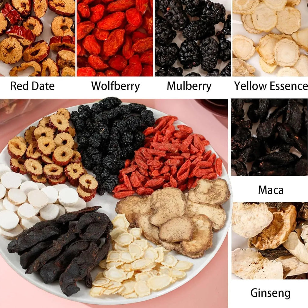 Ginseng Wubao tea bags with maca, mulberry, red dates and red goji in 5g or 10g packs