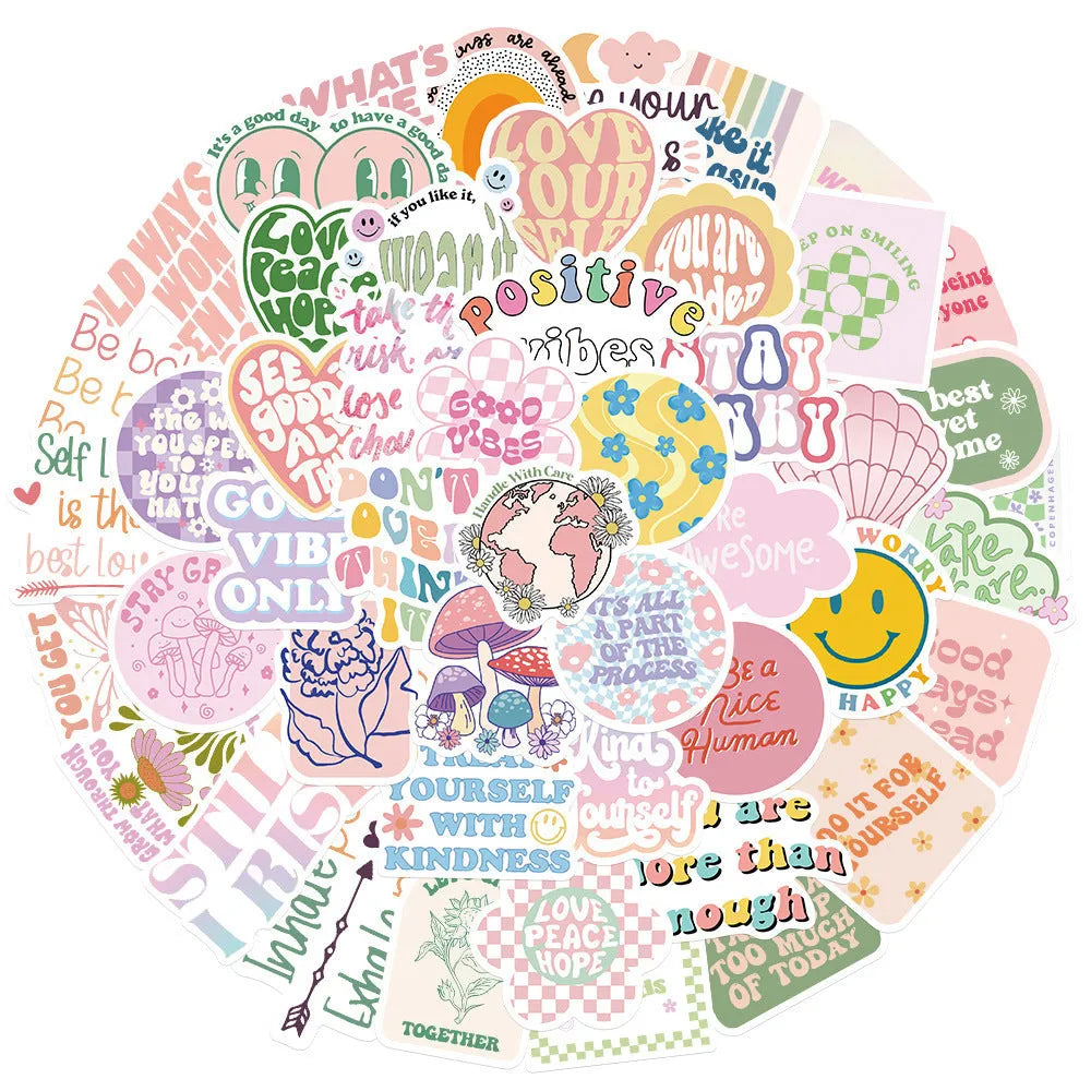 Danish pink motivational statement stickers with graffiti cartoon designs measuring 4-6cm for laptops and luggage