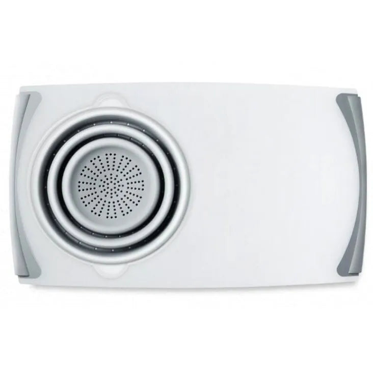 Grey folding chopping board with detachable drain basket showing 50cm cutting surface