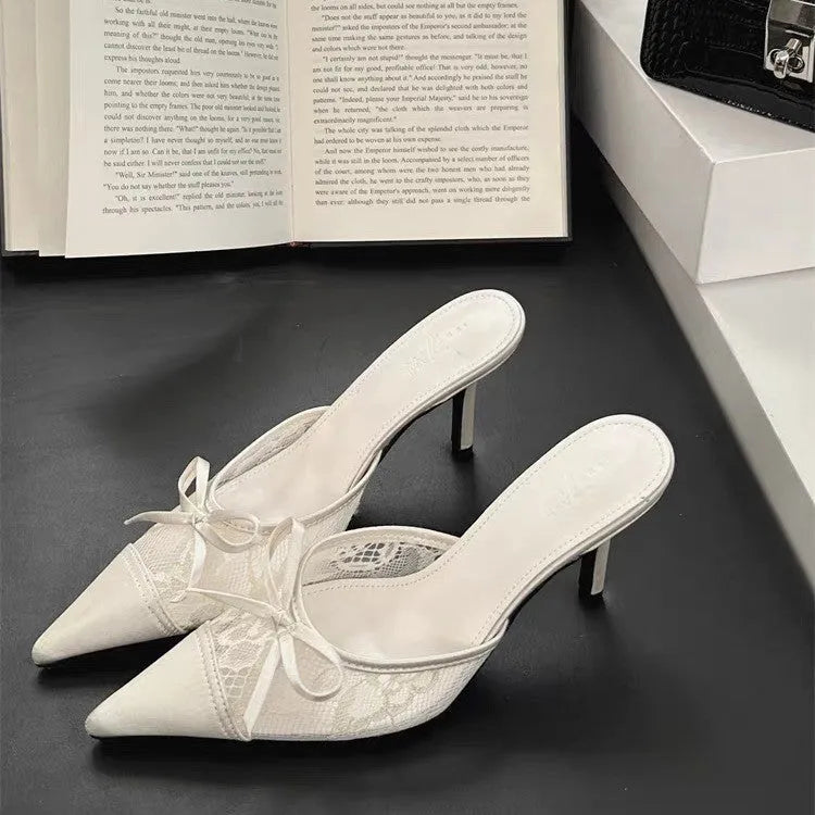 Women's lace pointed toe high heels with decorative bowknot in light brown colour