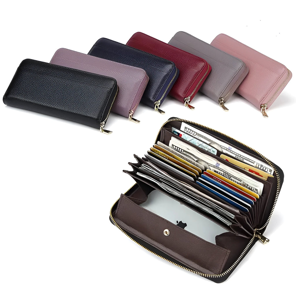 Genuine leather long wallet in black, showing large-capacity design and card slots.