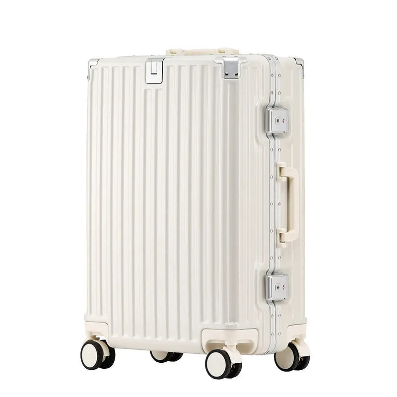 Hard shell aluminium frame luggage in avocado green with USB port and universal wheels.