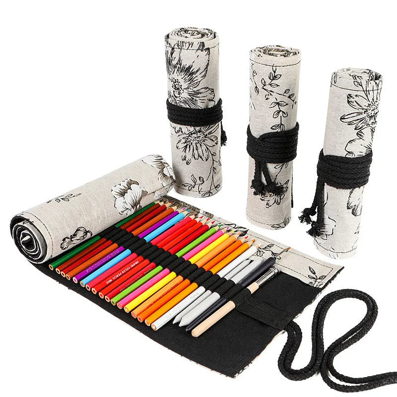 Black Peony floral print cotton hemp pencil roll bag, shown open with 24 holes.