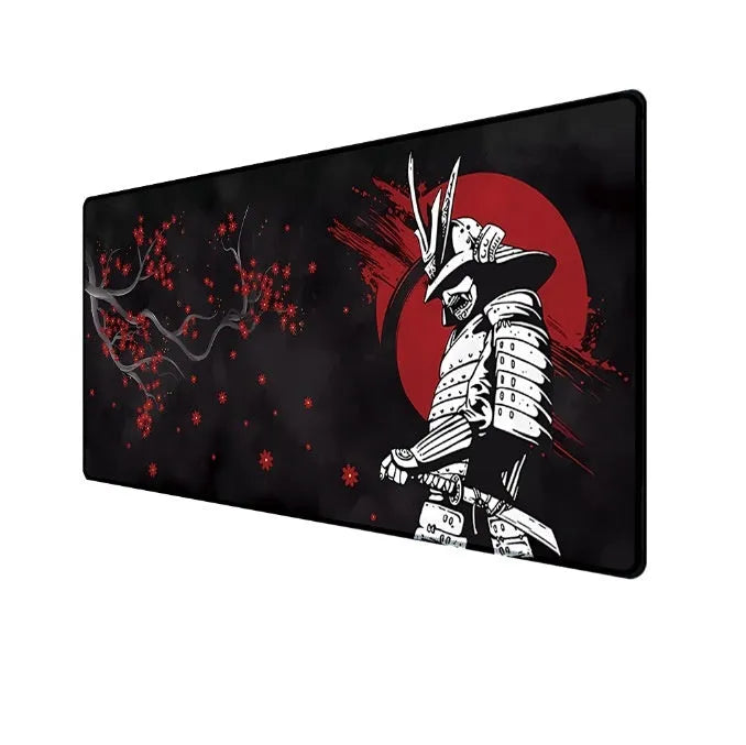 Japanese samurai artwork gaming mouse pad on a desk with a computer mouse
